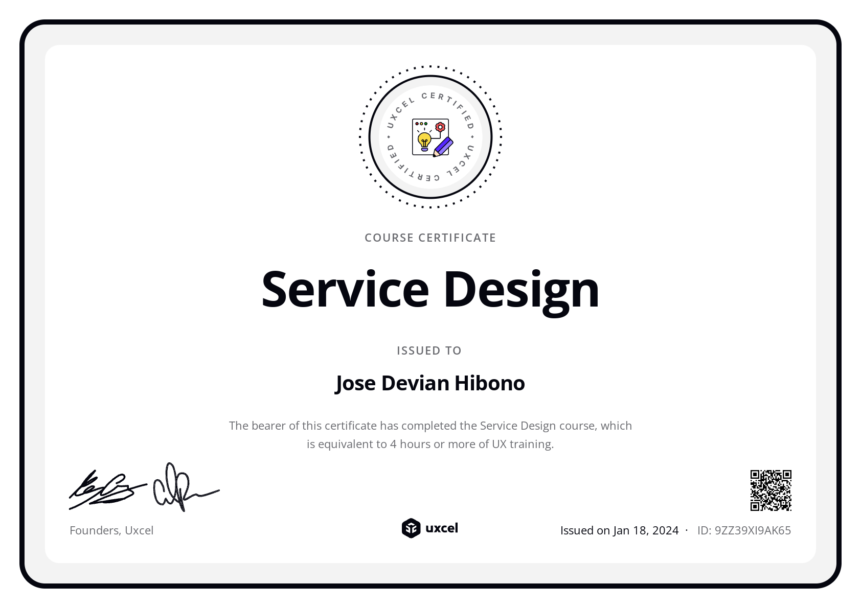 Jose Devian Hibono's certificate